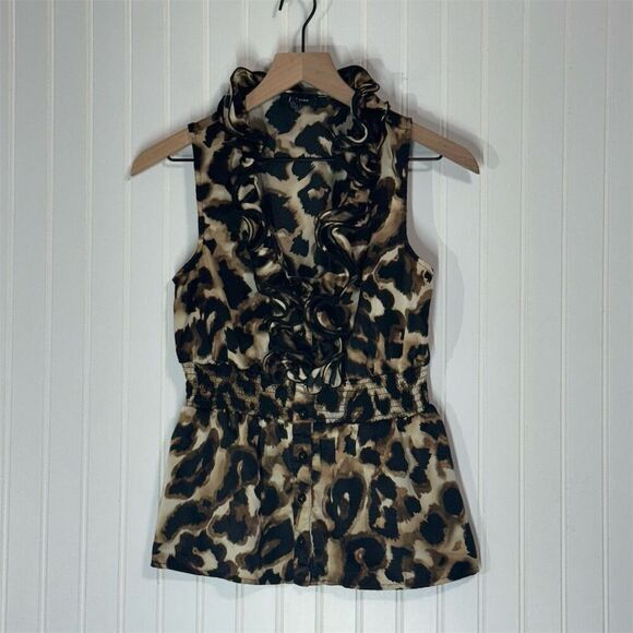 IZ Byer Leopard Print Ruffle Blouse M Sleeveless Button Front Smocked Waist Top - Picture 1 of 9
